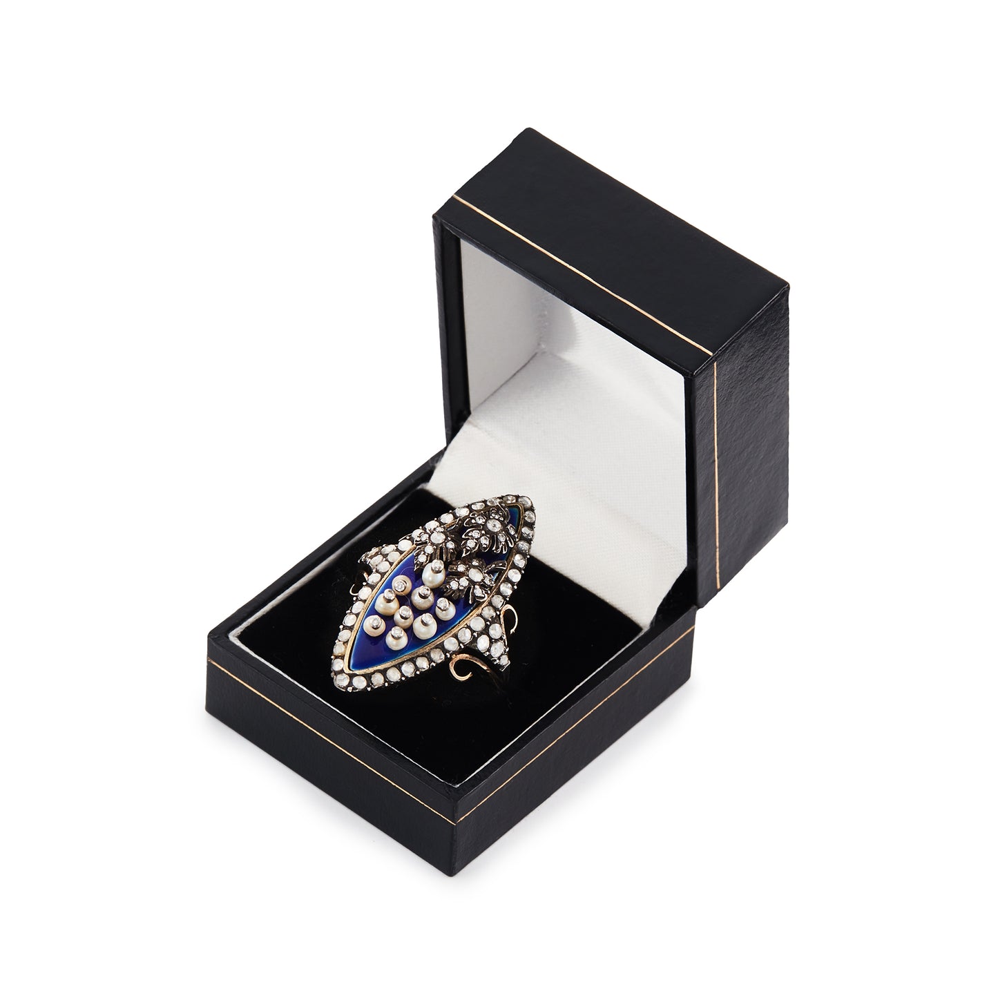 Magnificent and unusual Victorian marquise-shaped 18ct rose gold and silver blue enamel ring. The ring is accented with nine riveted pearls topped with diamonds and three riveted diamond-encrusted leaves. The piece also has rough-cut diamonds around the rim and shoulders. A real statement piece!