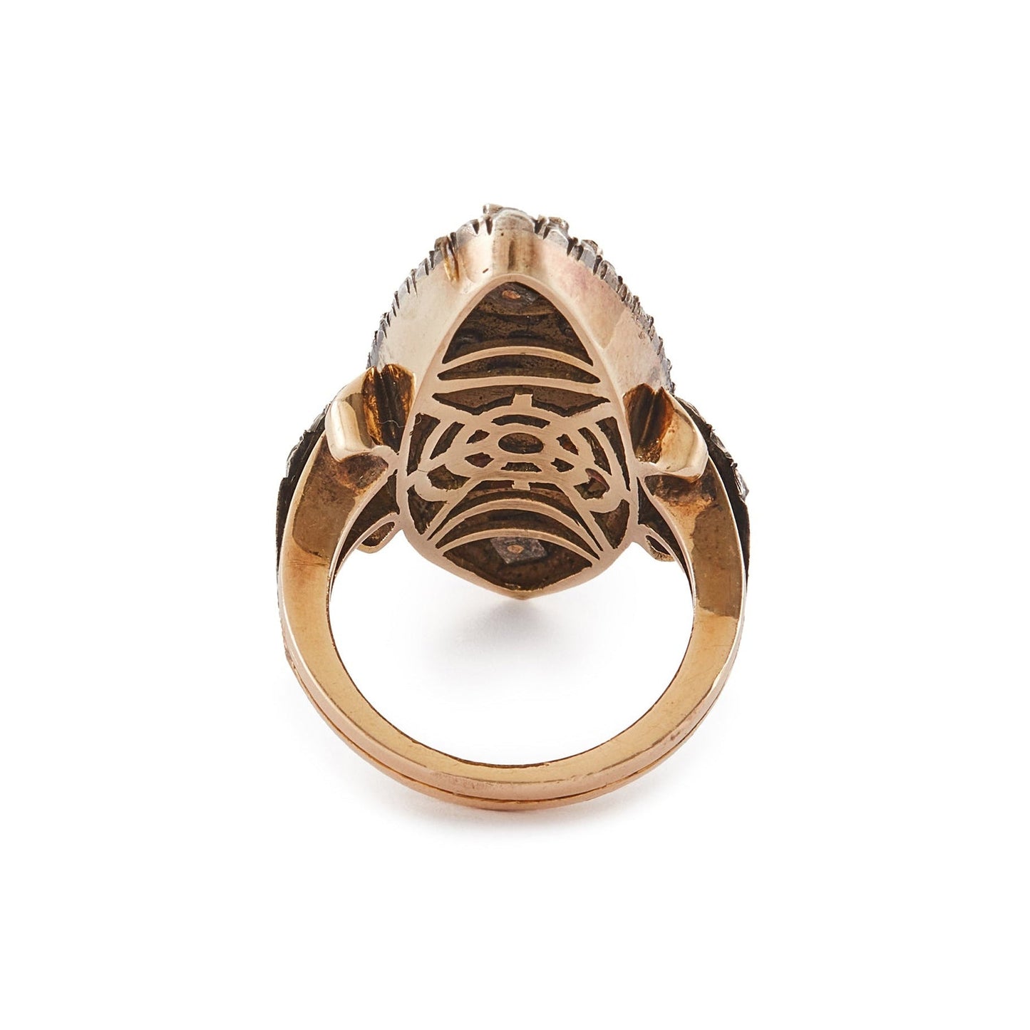 Magnificent and unusual Victorian marquise-shaped 18ct rose gold and silver blue enamel ring. The ring is accented with nine riveted pearls topped with diamonds and three riveted diamond-encrusted leaves. The piece also has rough-cut diamonds around the rim and shoulders. A real statement piece!