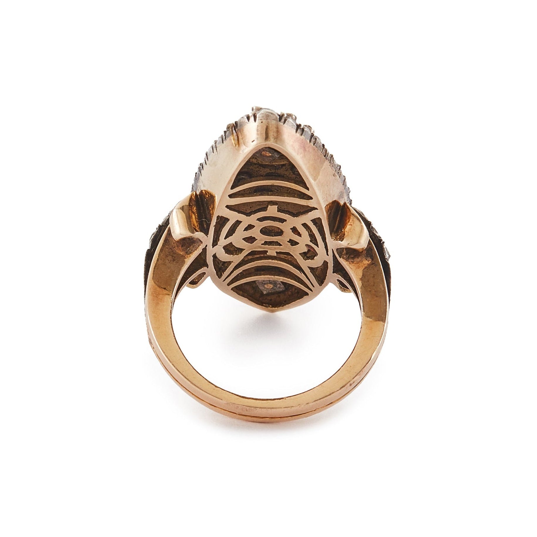 Magnificent and unusual Victorian marquise-shaped 18ct rose gold and silver blue enamel ring. The ring is accented with nine riveted pearls topped with diamonds and three riveted diamond-encrusted leaves. The piece also has rough-cut diamonds around the rim and shoulders. A real statement piece!