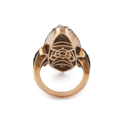 Magnificent and unusual Victorian marquise-shaped 18ct rose gold and silver blue enamel ring. The ring is accented with nine riveted pearls topped with diamonds and three riveted diamond-encrusted leaves. The piece also has rough-cut diamonds around the rim and shoulders. A real statement piece!