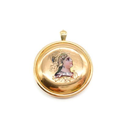 Stunning Victorian 18ct rose gold locket with an enamelled miniature portrait of a lady, set with four tiny mine cut diamonds. Glass case at the back.