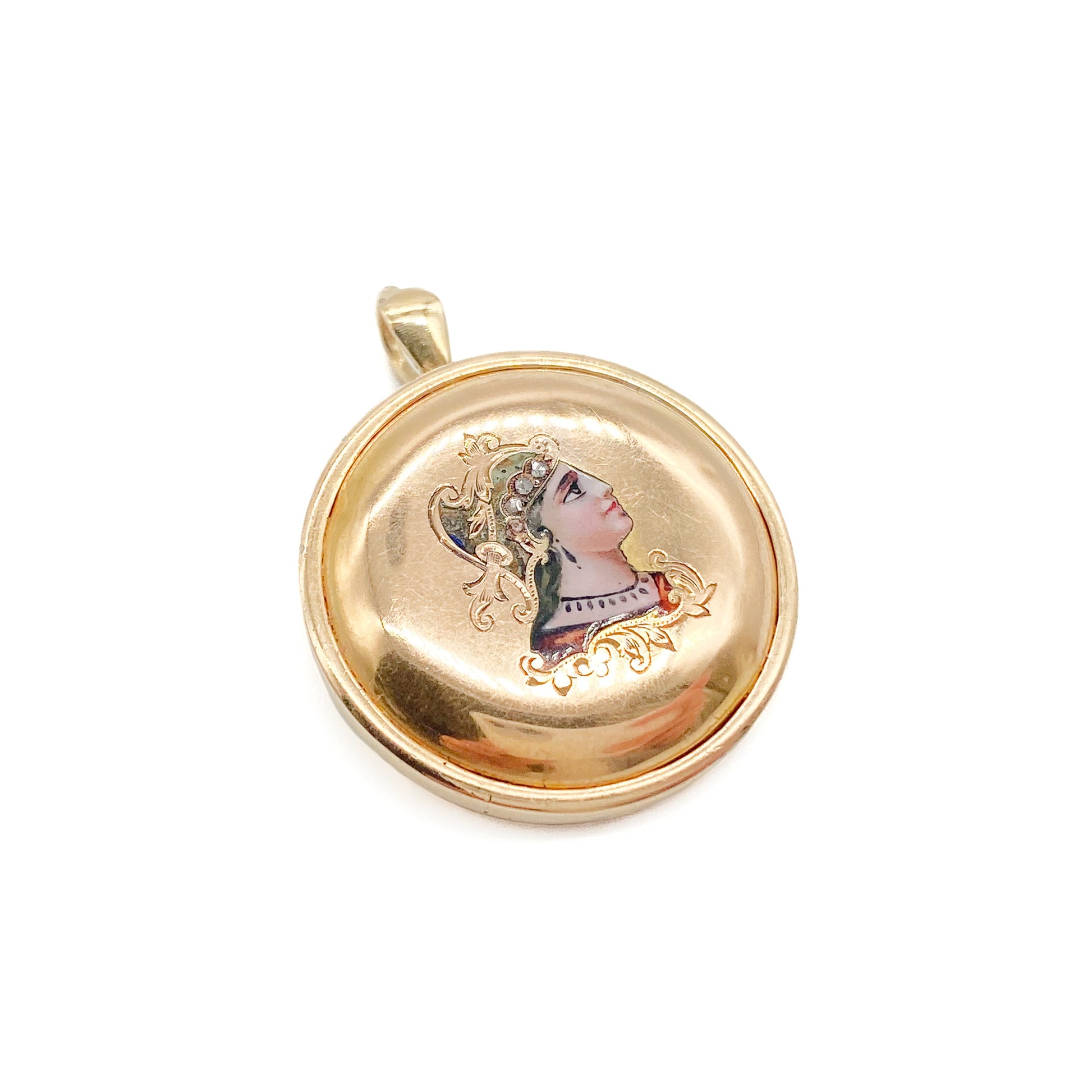 Stunning Victorian 18ct rose gold locket with an enamelled miniature portrait of a lady, set with four tiny mine cut diamonds. Glass case at the back.