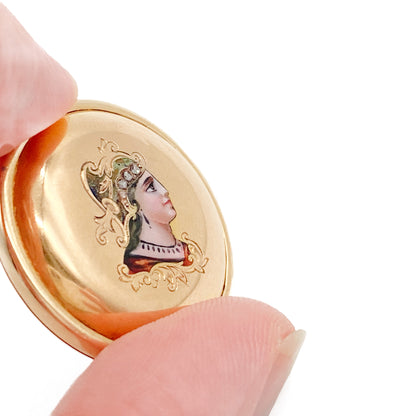 Stunning Victorian 18ct rose gold locket with an enamelled miniature portrait of a lady, set with four tiny mine cut diamonds. Glass case at the back.