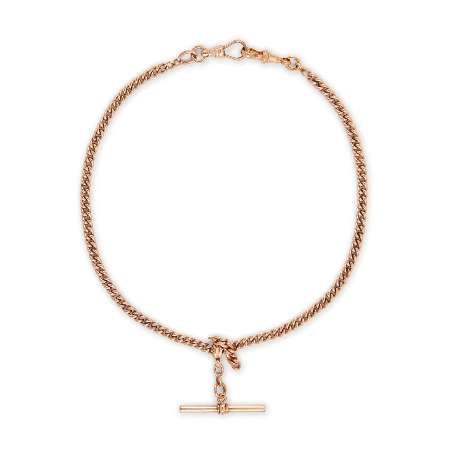 Classic Victorian rose rolled gold curb link fob chain with two dog clips and a t-bar.
