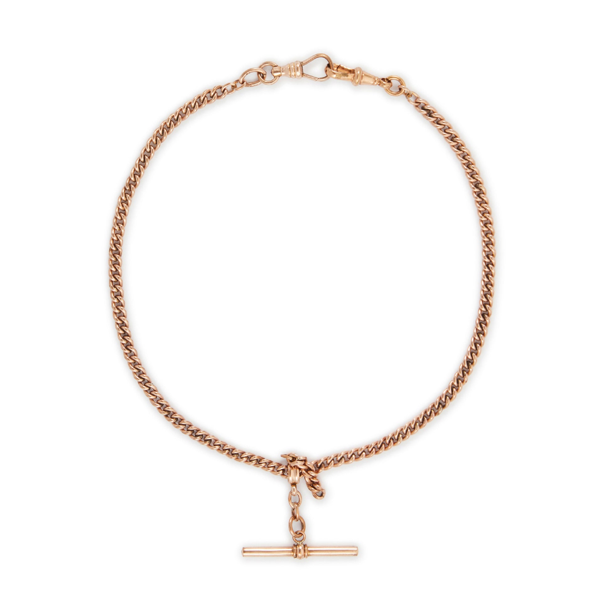Classic Victorian rose rolled gold curb link fob chain with two dog clips and a t-bar.