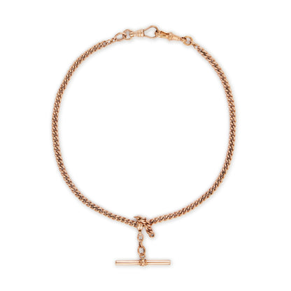 Classic Victorian rose rolled gold curb link fob chain with two dog clips and a t-bar.