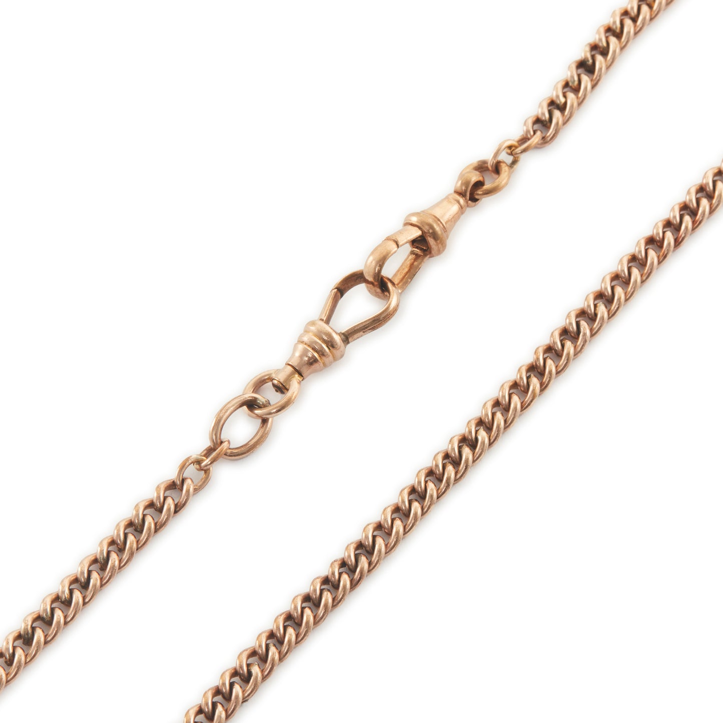 Classic Victorian rose rolled gold curb link fob chain with two dog clips and a t-bar.