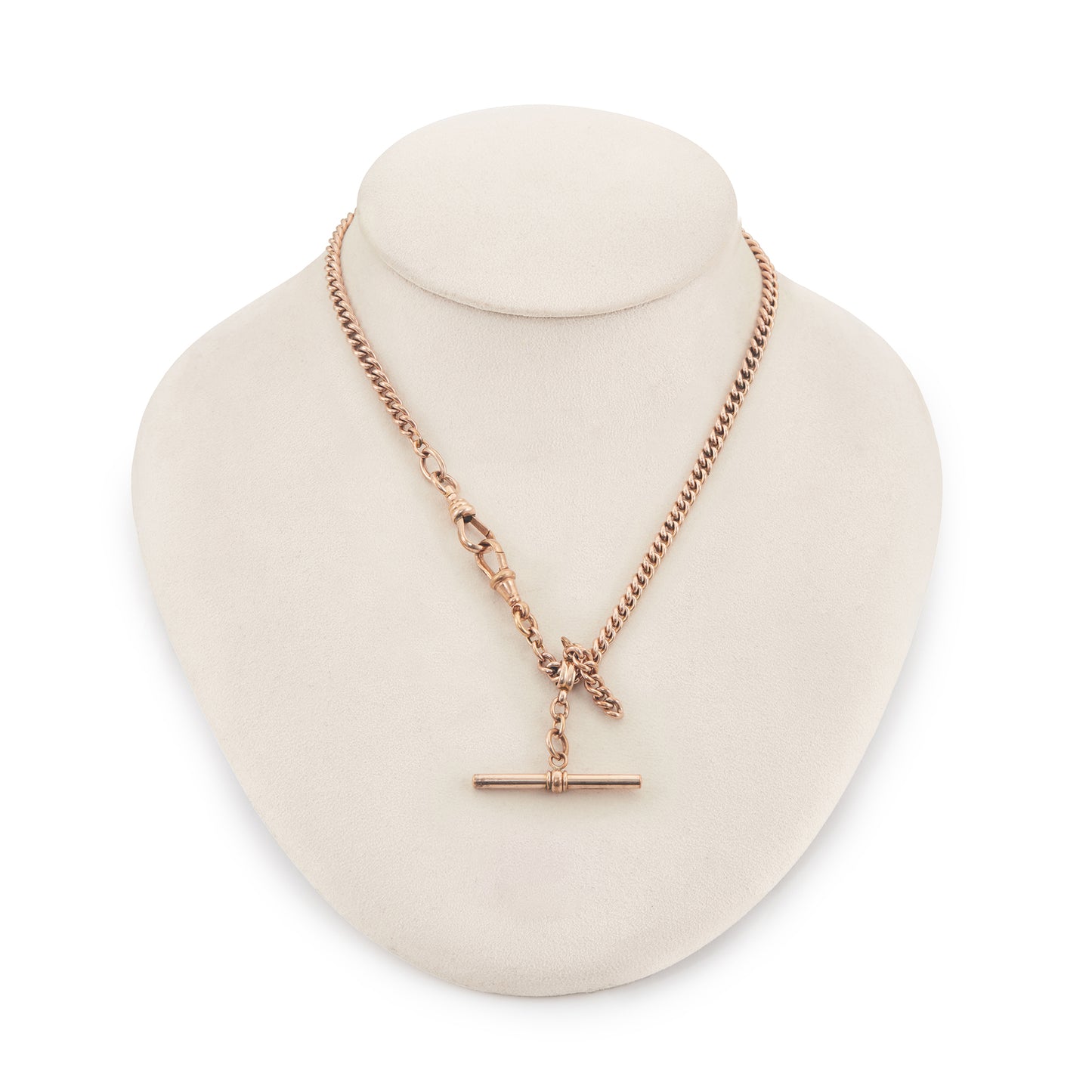Classic Victorian rose rolled gold curb link fob chain with two dog clips and a t-bar.