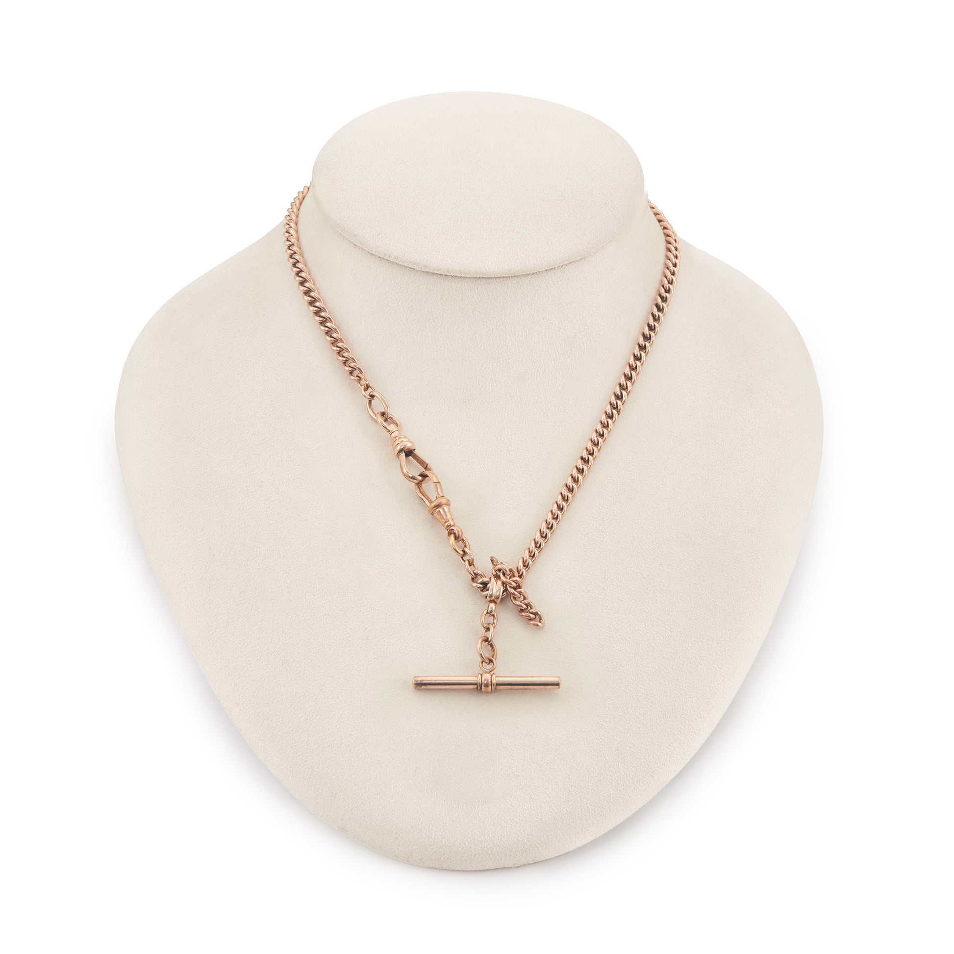 Classic Victorian rose rolled gold curb link fob chain with two dog clips and a t-bar.