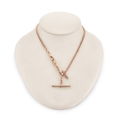 Classic Victorian rose rolled gold curb link fob chain with two dog clips and a t-bar.