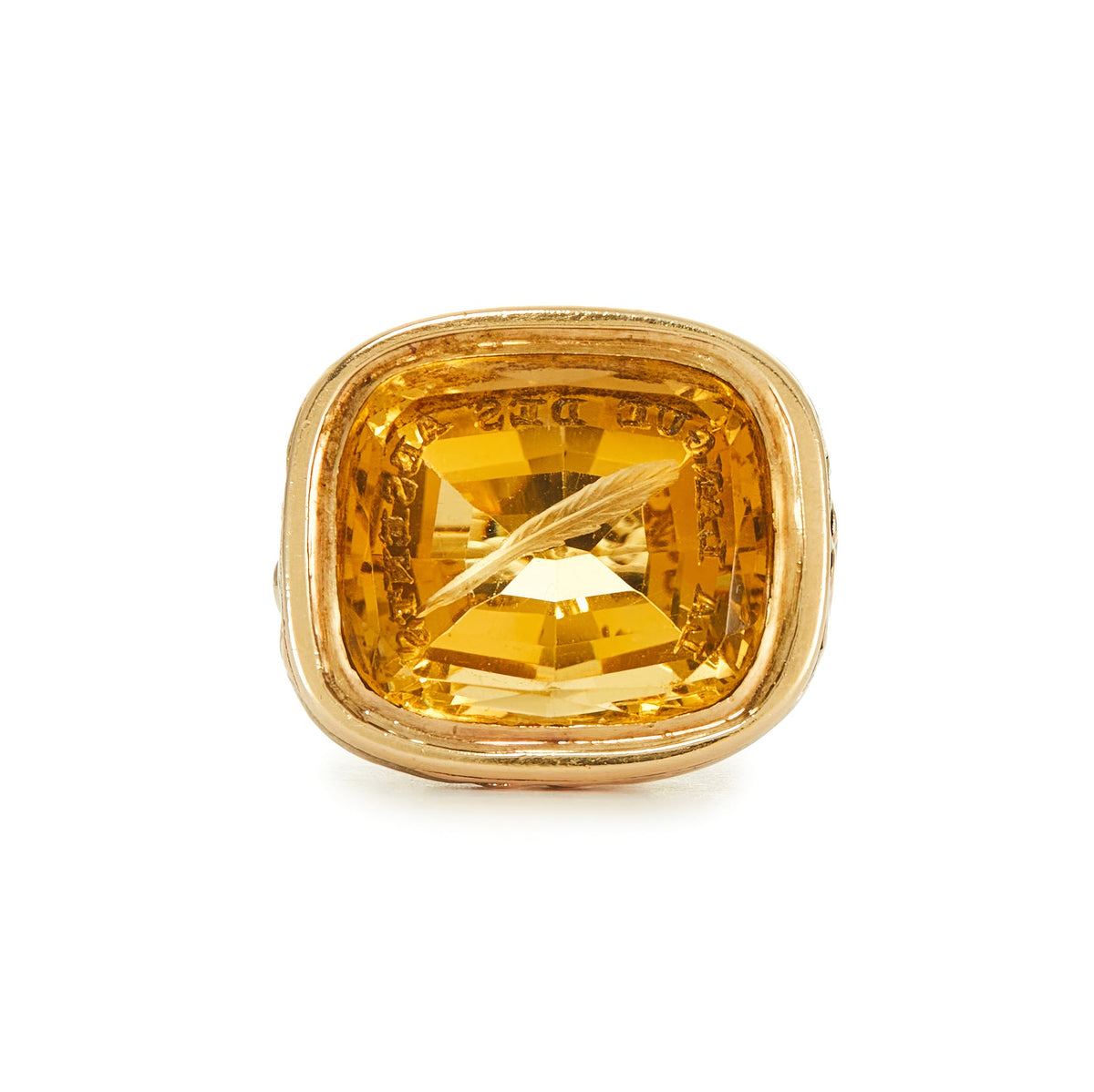 Very ornate Victorian 9ct gold fob seal with a citrine intaglio depicting a feather and Latin writing in an ornate setting. 