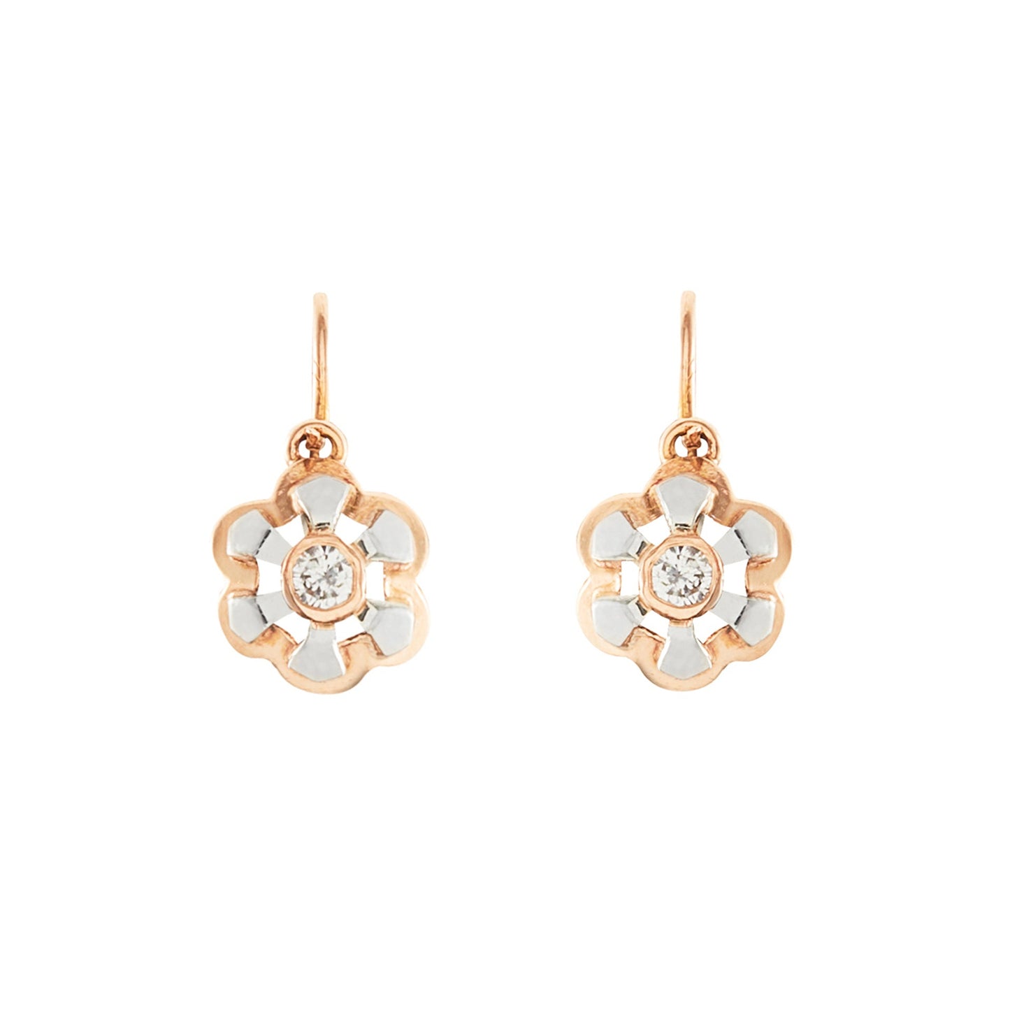 Dainty Victorian 9ct rose and white gold flower-shaped earrings, each set with a sparkling 0.08ct diamond.