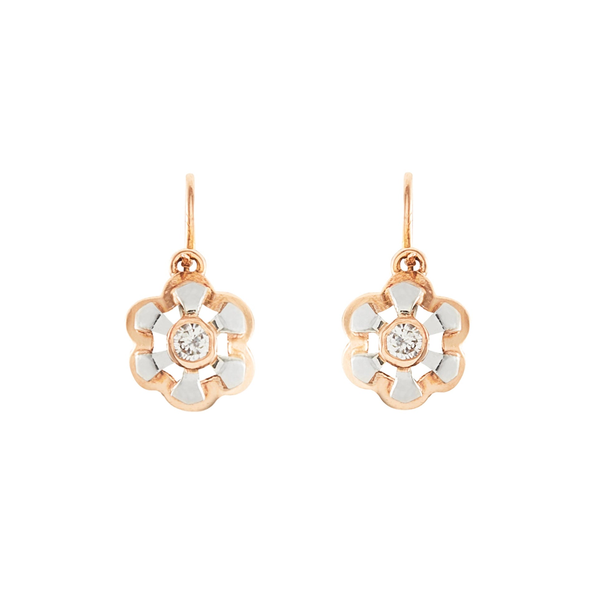 Dainty Victorian 9ct rose and white gold flower-shaped earrings, each set with a sparkling 0.08ct diamond.
