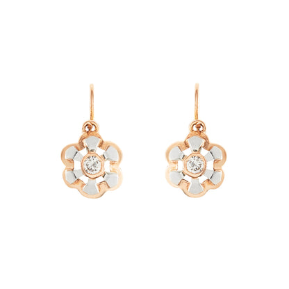 Dainty Victorian 9ct rose and white gold flower-shaped earrings, each set with a sparkling 0.08ct diamond.