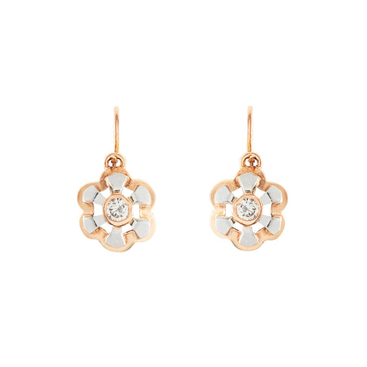 Dainty Victorian 9ct rose and white gold flower-shaped earrings, each set with a sparkling 0.08ct diamond.