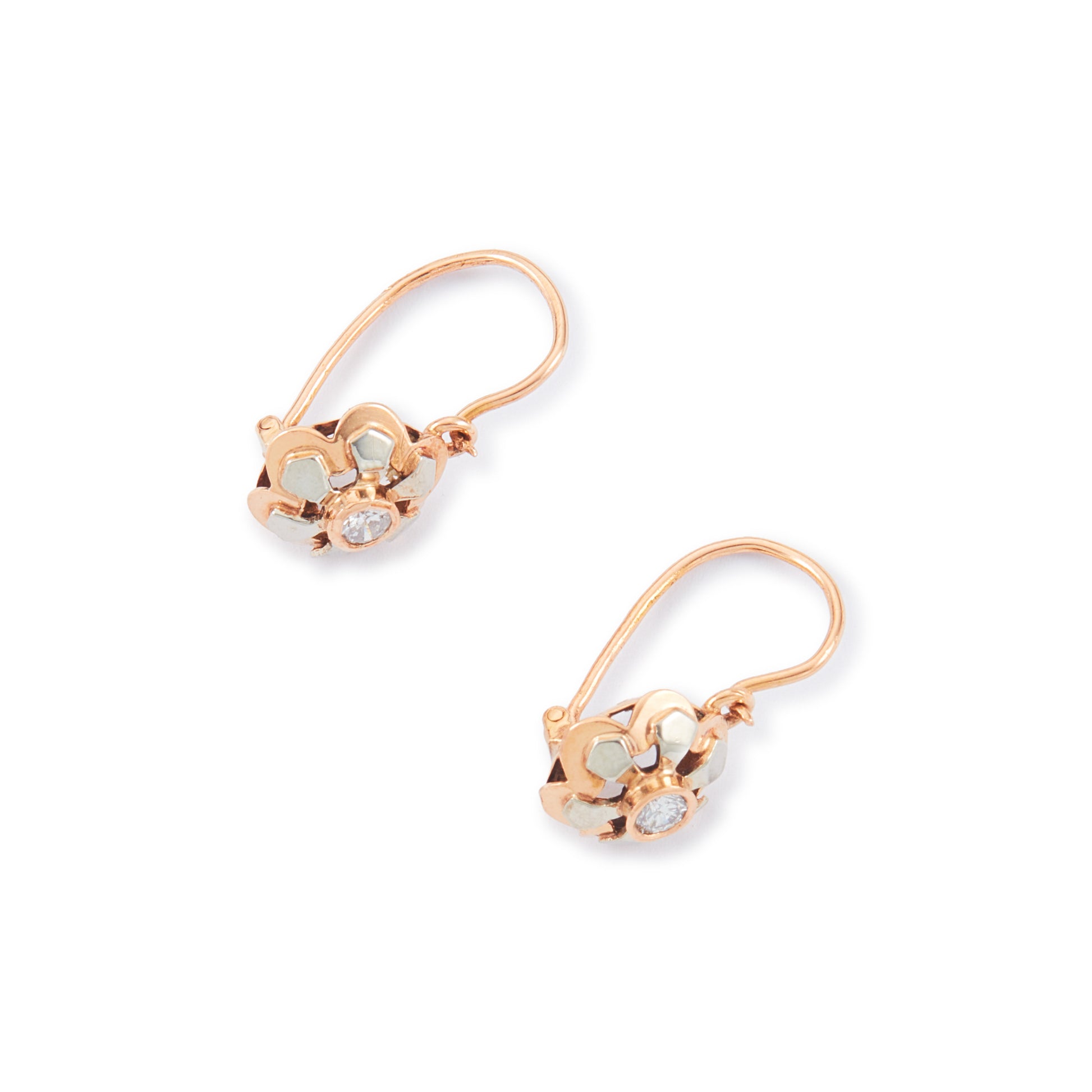 Dainty Victorian 9ct rose and white gold flower-shaped earrings, each set with a sparkling 0.08ct diamond.