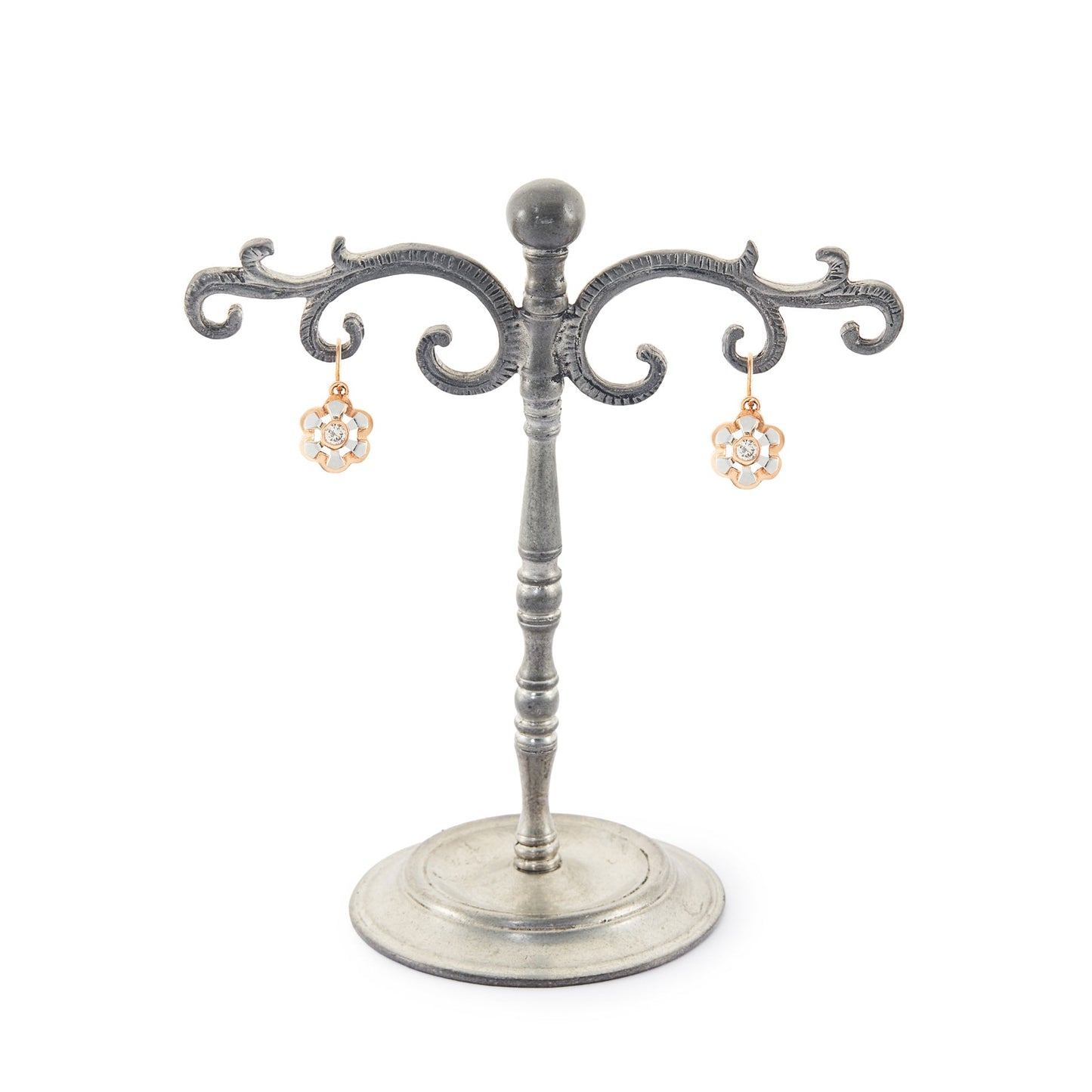 Dainty Victorian 9ct rose and white gold flower-shaped earrings, each set with a sparkling 0.08ct diamond.