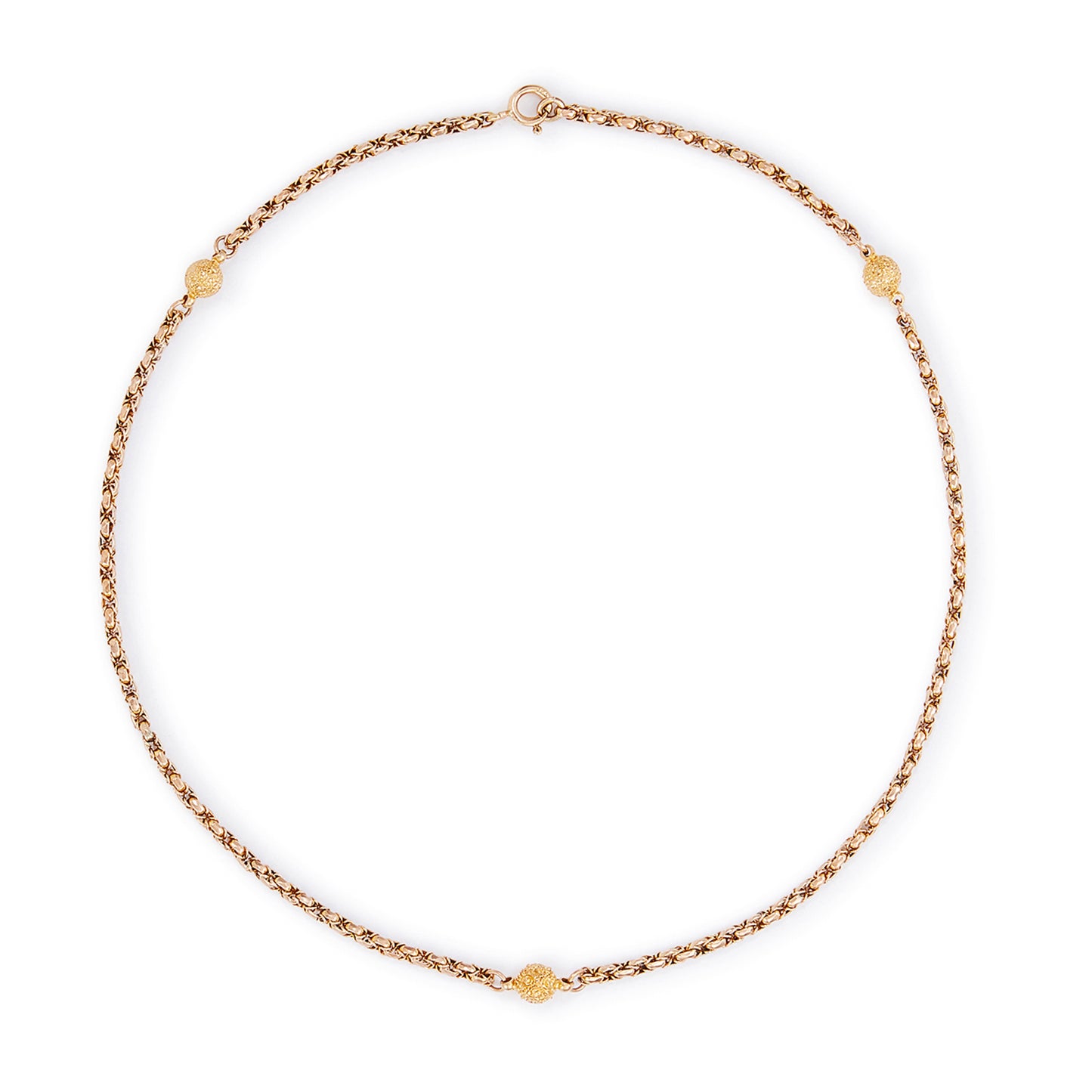 Lovely Victorian 9ct rose and yellow gold fancy rope link chain, accented with three textured ball connectors.