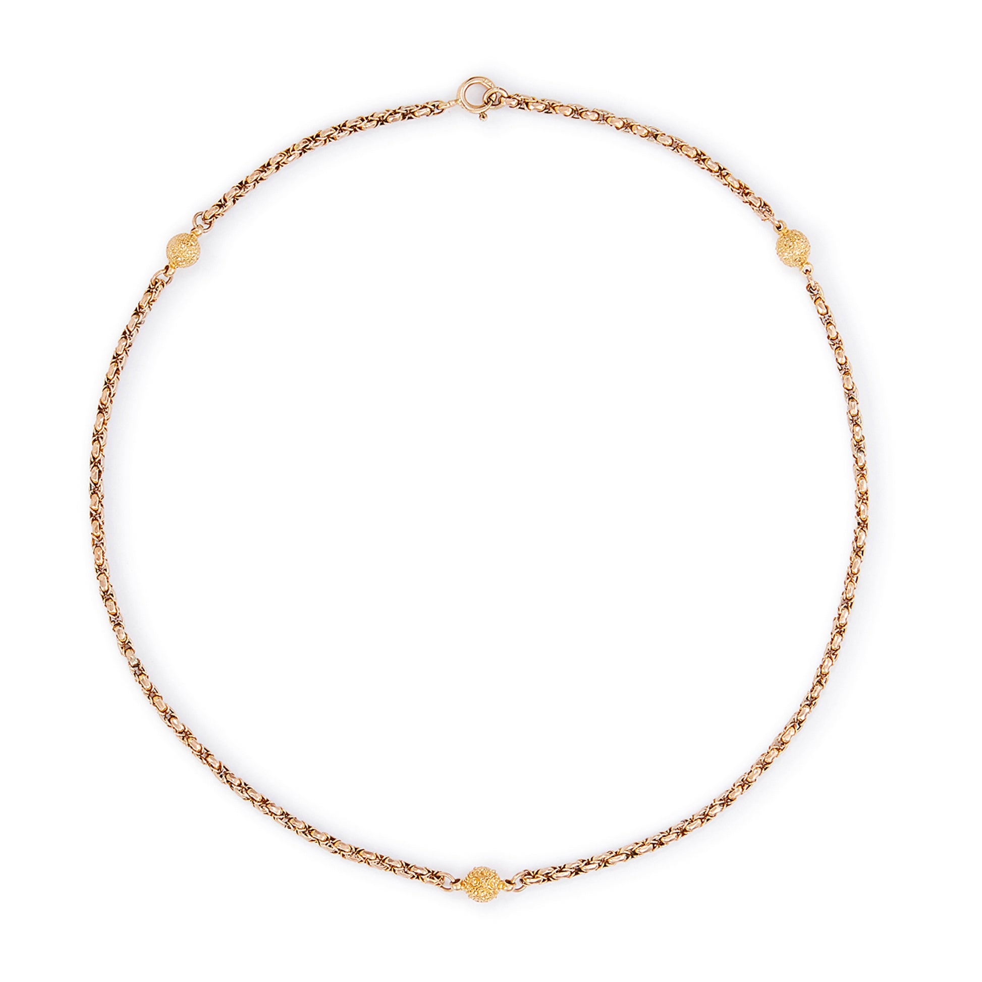 Lovely Victorian 9ct rose and yellow gold fancy rope link chain, accented with three textured ball connectors.