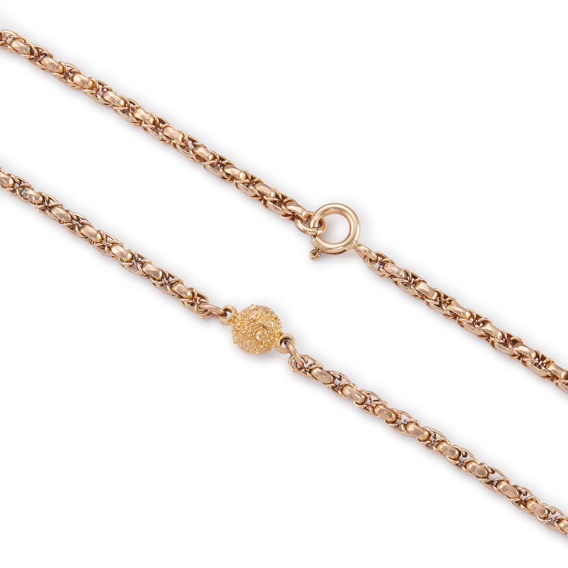 Lovely Victorian 9ct rose and yellow gold fancy rope link chain, accented with three textured ball connectors.