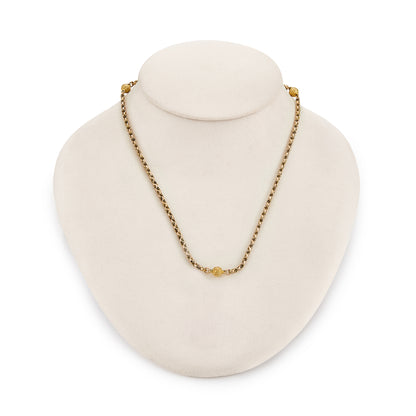Lovely Victorian 9ct rose and yellow gold fancy rope link chain, accented with three textured ball connectors.