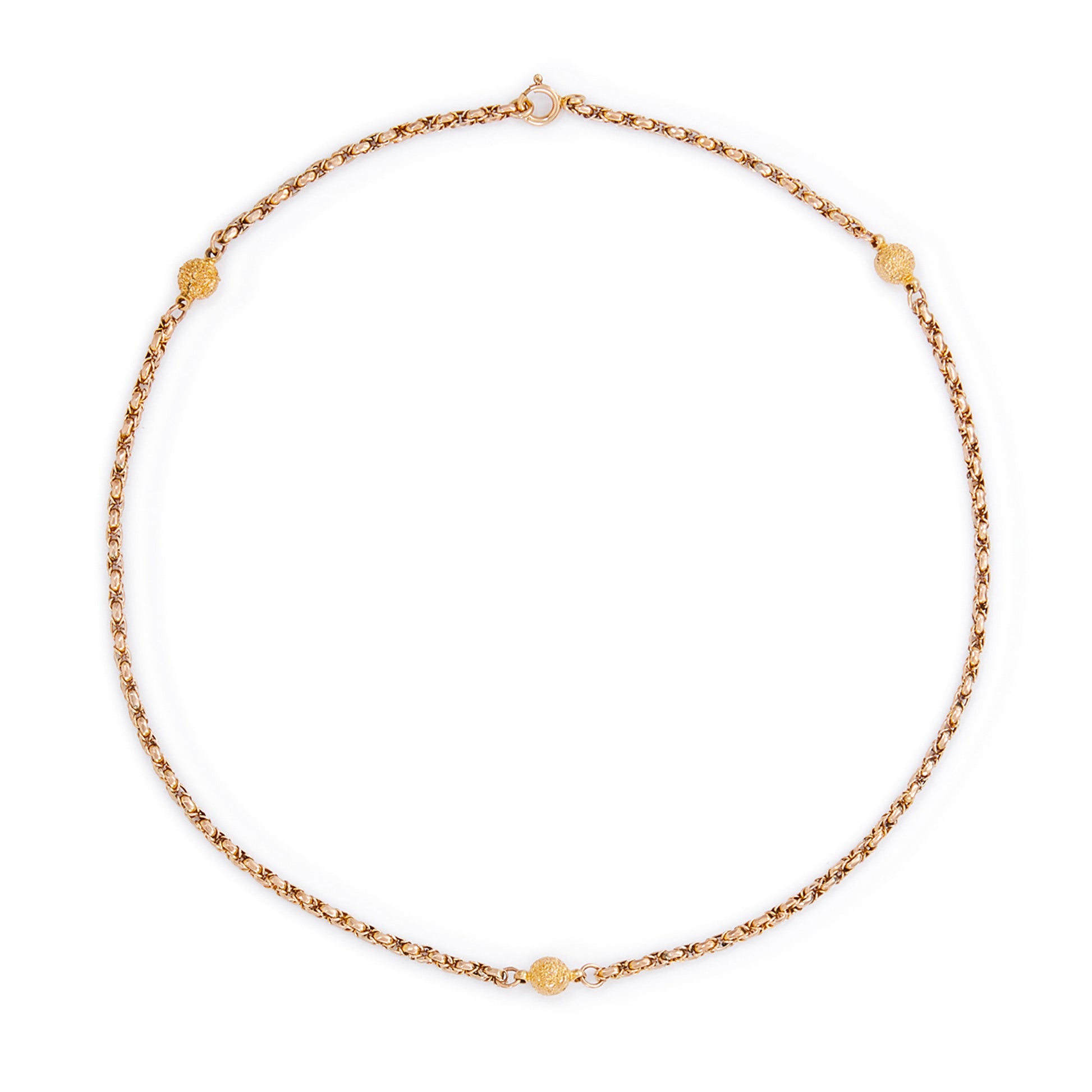 Lovely Victorian 9ct rose and yellow gold fancy rope link chain, accented with three textured ball connectors.