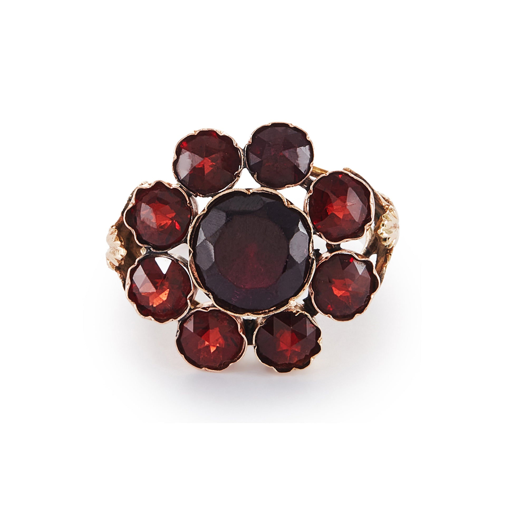 Spectacular Victorian 9ct gold cocktail ring with nine deep red Bohemian garnets in a cluster setting. The ring has lovely scrollwork detail on the shoulders.
