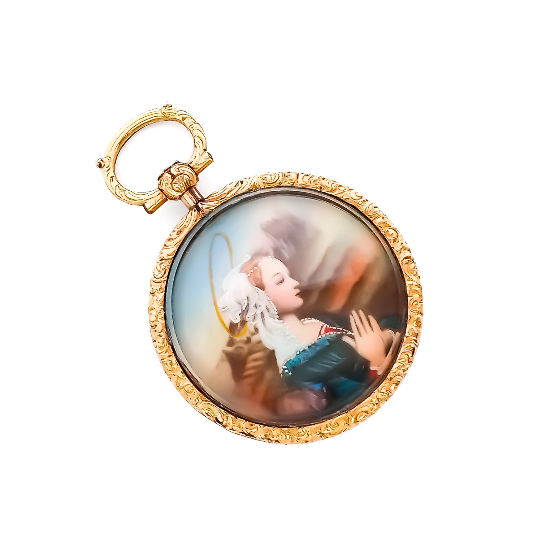 Pretty Victorian hand painted miniature under glass in a beautifully engraved 9ct gold setting.