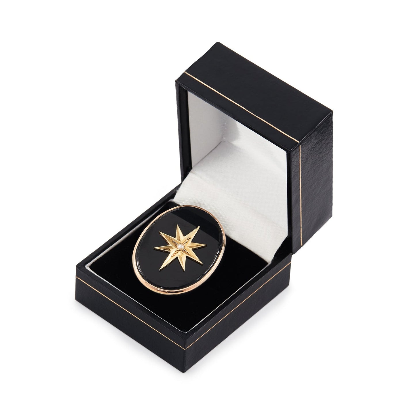 Magnificent 9ct rose gold ring set with a Victorian oval onyx disk, embellished with a 15ct yellow gold star and centre seed pearl. Later shank.