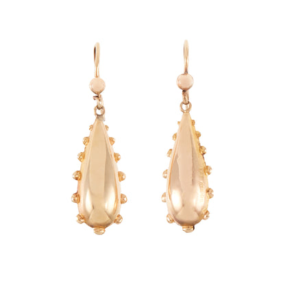 Classic 9ct gold earrings with dangling repoussé drops. The earrings are hollow so not too heavy on the ear.