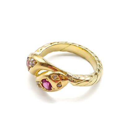 Stunning Victorian 9ct gold snake ring set with two rubies and six old-cut diamonds.