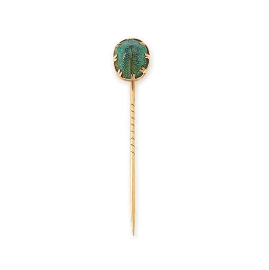 Quaint Victorian 9ct gold stick pin with a real scarab beetle in a claw setting.