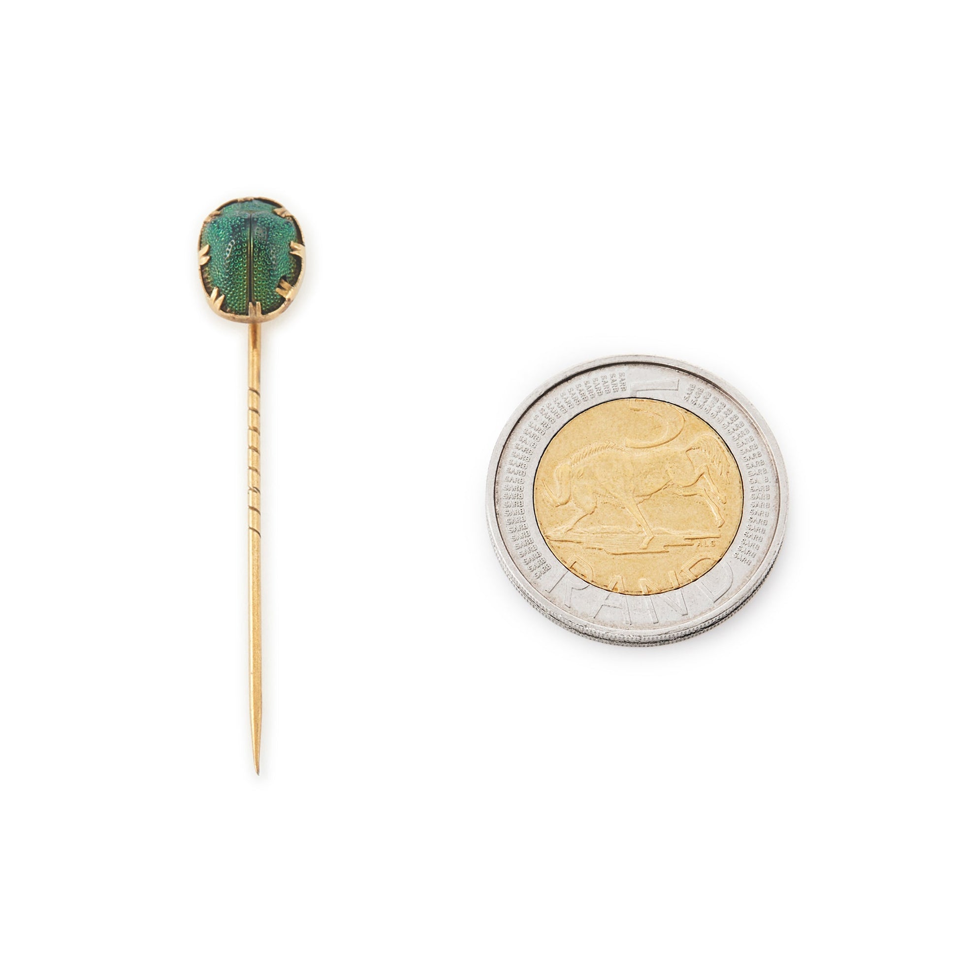 Quaint Victorian 9ct gold stick pin with a real scarab beetle in a claw setting.