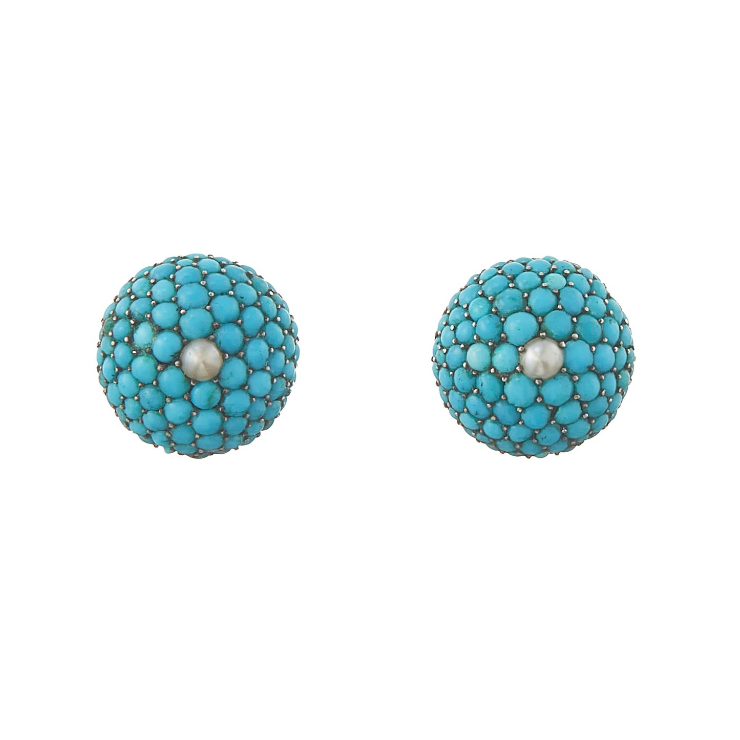 Exquisite Victorian 9ct gold stud earrings with turquoise stones in a petit point setting, centred by single seed pearl.