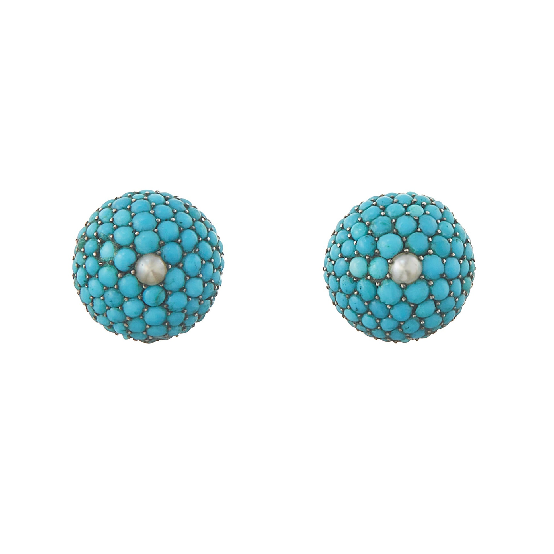 Exquisite Victorian 9ct gold stud earrings with turquoise stones in a petit point setting, centred by single seed pearl.
