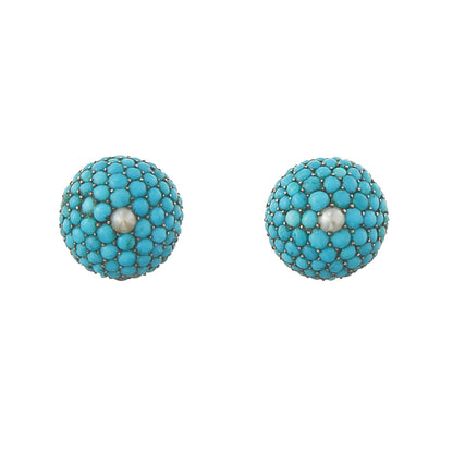 Exquisite Victorian 9ct gold stud earrings with turquoise stones in a petit point setting, centred by single seed pearl.