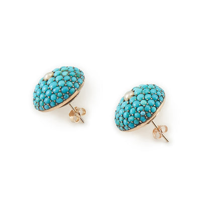 Exquisite Victorian 9ct gold stud earrings with turquoise stones in a petit point setting, centred by single seed pearl.