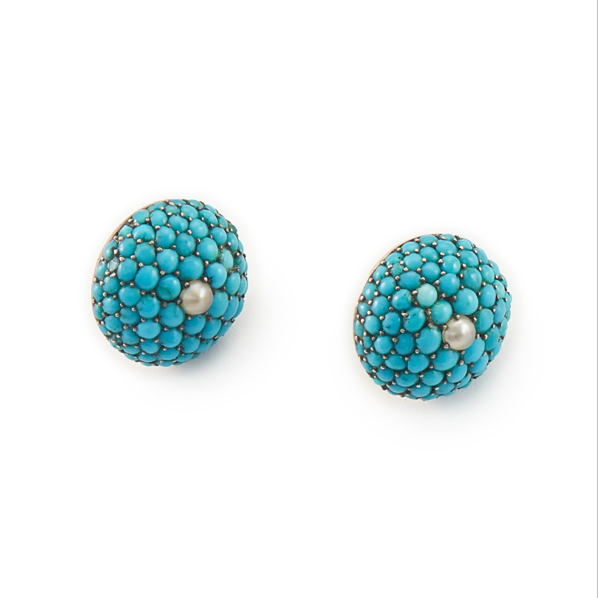 Exquisite Victorian 9ct gold stud earrings with turquoise stones in a petit point setting, centred by single seed pearl.