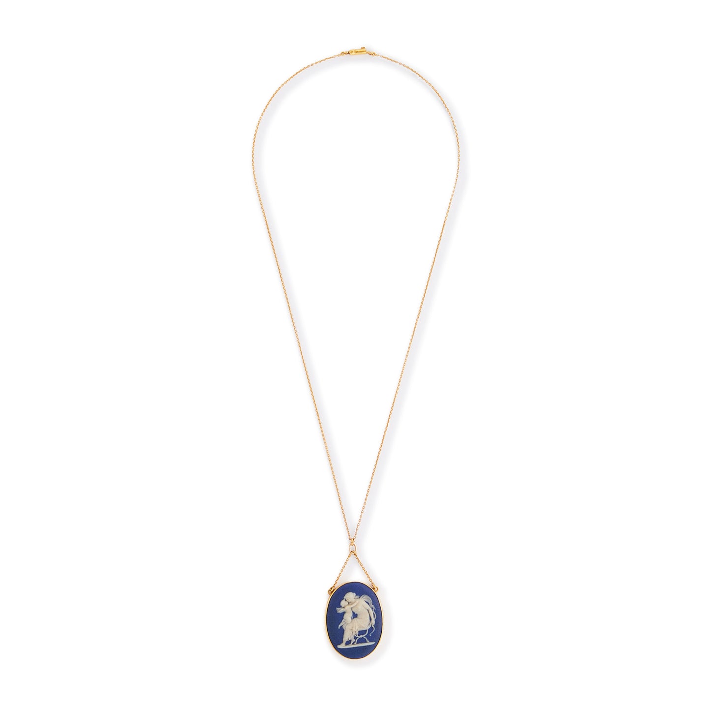 Pretty Victorian 9ct yellow gold pendant, tube-set with a beautiful blue Wedgwood cameo depicting Artemis/Diana embracing a cherub, on a dainty 9ct gold chain.