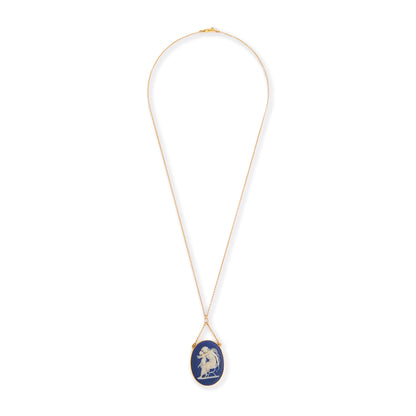 Pretty Victorian 9ct yellow gold pendant, tube-set with a beautiful blue Wedgwood cameo depicting Artemis/Diana embracing a cherub, on a dainty 9ct gold chain.