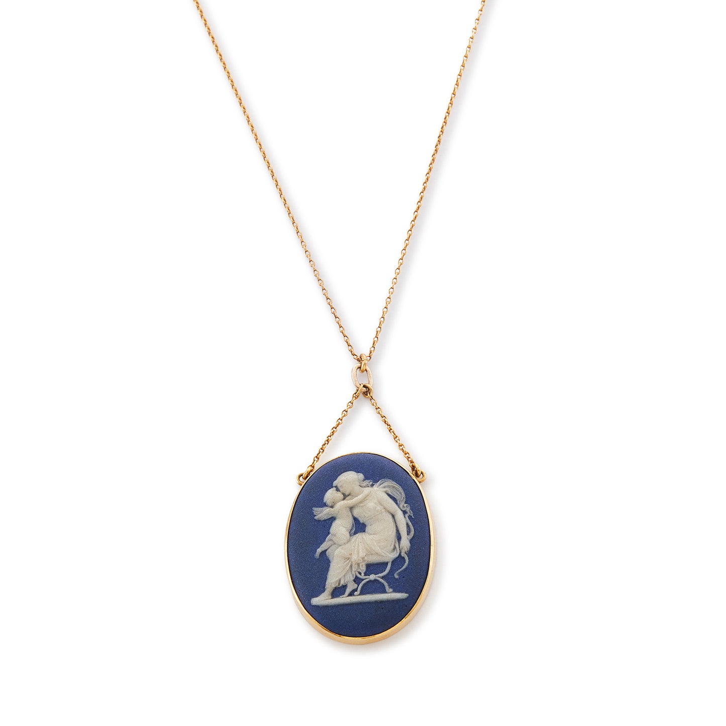 Pretty Victorian 9ct yellow gold pendant, tube-set with a beautiful blue Wedgwood cameo depicting Artemis/Diana embracing a cherub, on a dainty 9ct gold chain.