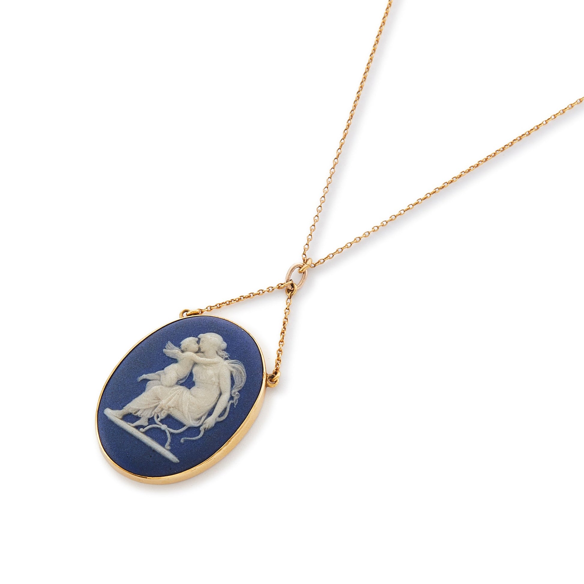 Pretty Victorian 9ct yellow gold pendant, tube-set with a beautiful blue Wedgwood cameo depicting Artemis/Diana embracing a cherub, on a dainty 9ct gold chain.