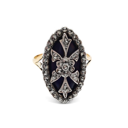 Gorgeous Victorian 9ct gold and silver deep blue enamelled ring set with sparkling marcasites.