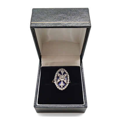 Gorgeous Victorian 9ct gold and silver deep blue enamelled ring set with sparkling marcasites.