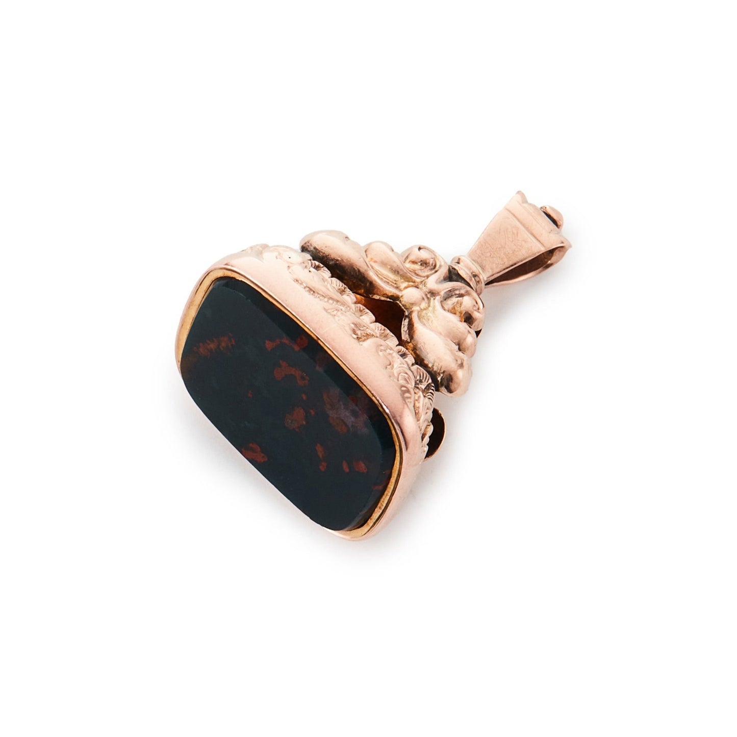 Beautifully engraved Victorian 9ct rose gold fob seal set with a rectangular bloodstone.