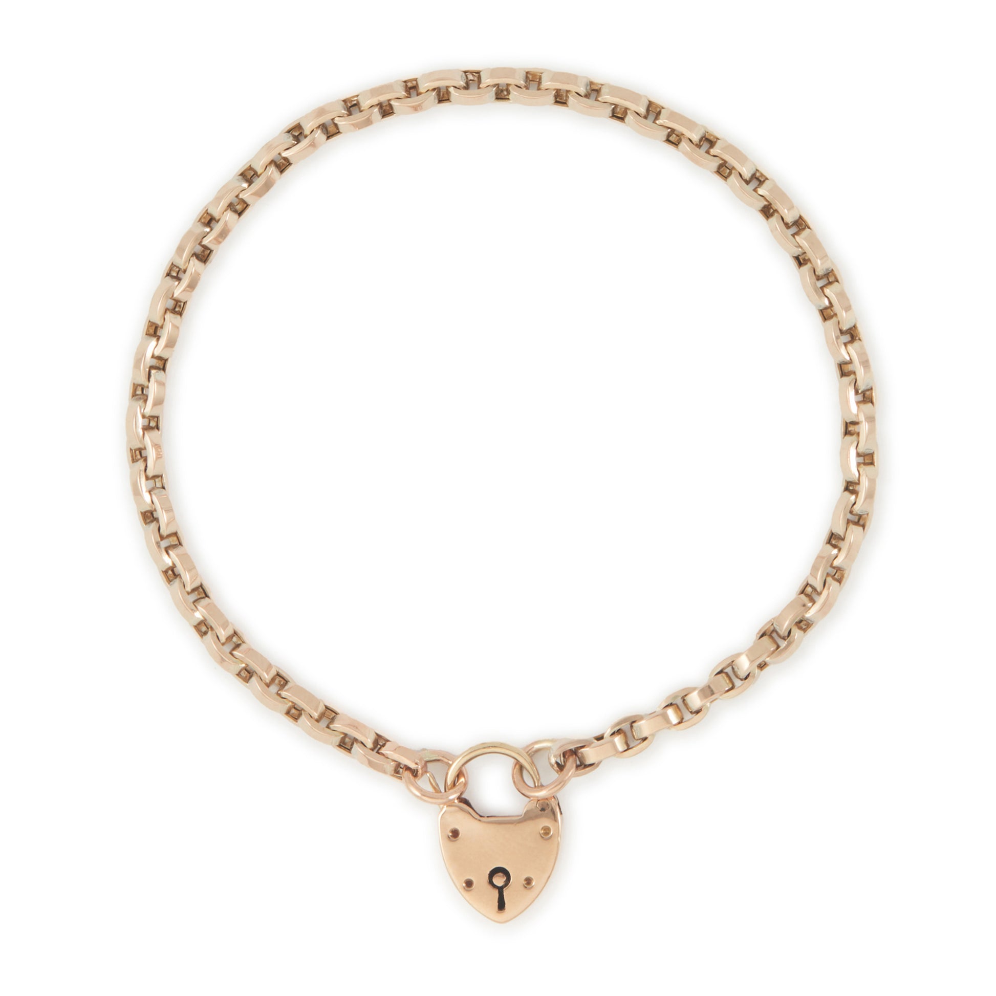 Classic Victorian 9ct rose gold box link bracelet with a padlock clasp.