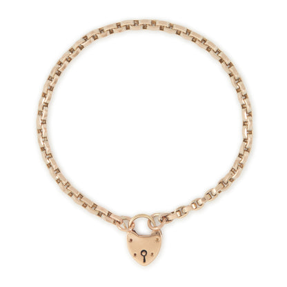 Classic Victorian 9ct rose gold box link bracelet with a padlock clasp.