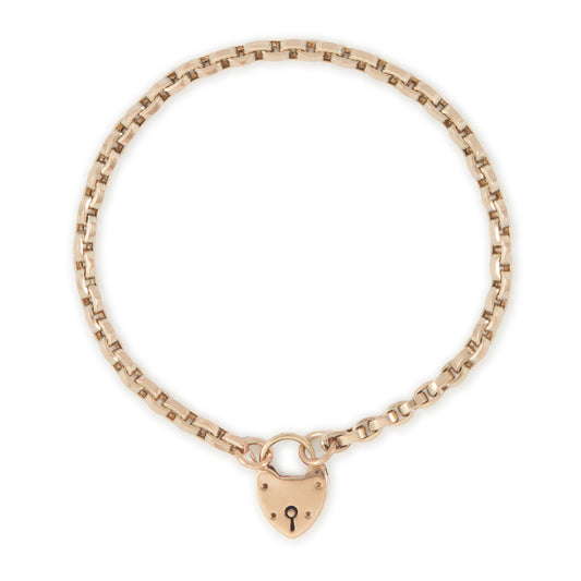 Classic Victorian 9ct rose gold box link bracelet with a padlock clasp.