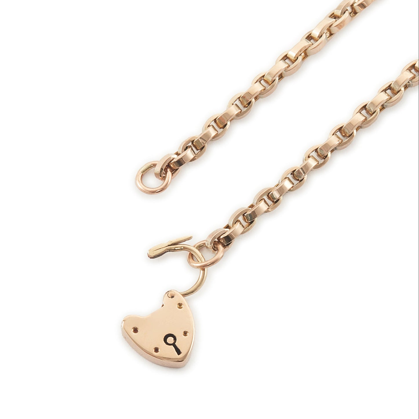 Classic Victorian 9ct rose gold box link bracelet with a padlock clasp.