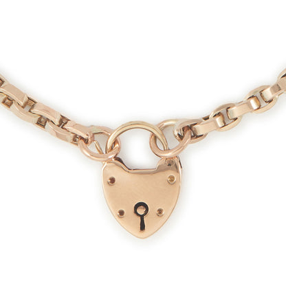 Classic Victorian 9ct rose gold box link bracelet with a padlock clasp.